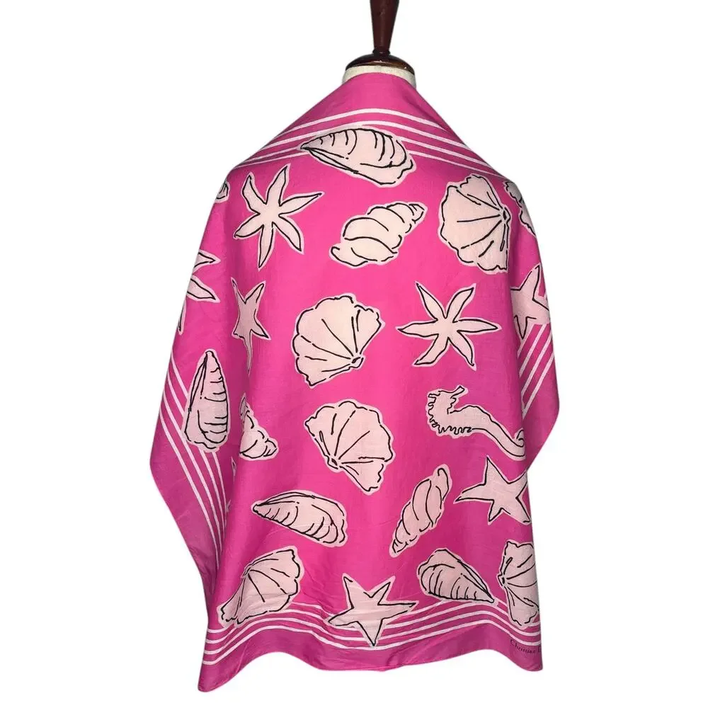1970s VTG Christian Dior Scarf Pink Seashell Cotton Square 30